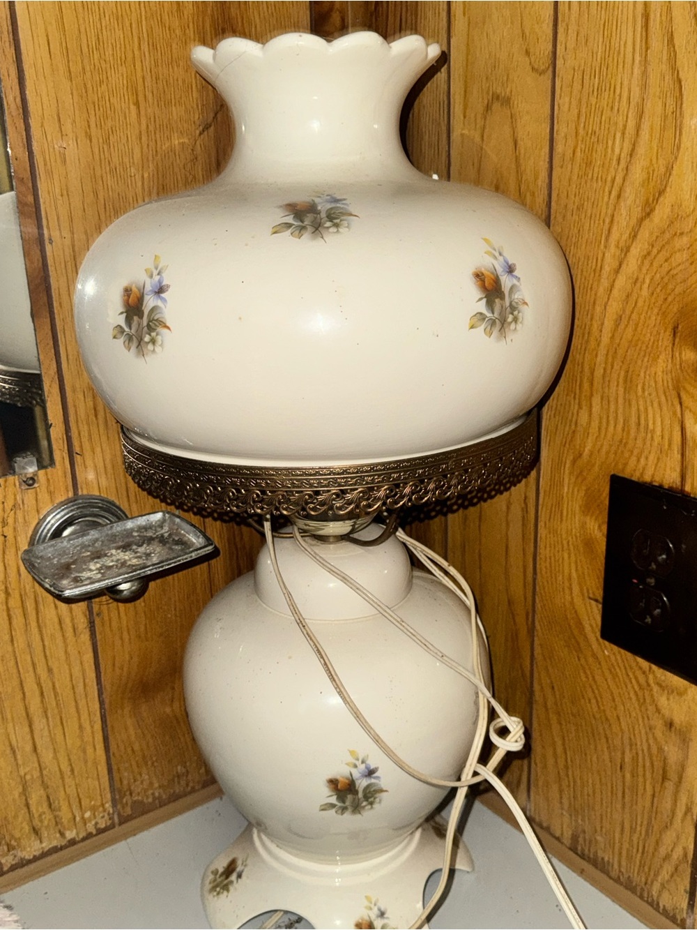 Vintage Floral White Ceramic Table Lamp with Scalloped Shade